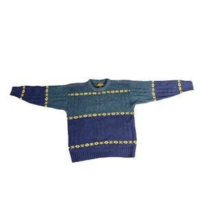 VTG Eddie Bauer Sweater Mens Small Green Blue Colorblock Geometric Wool Speckled